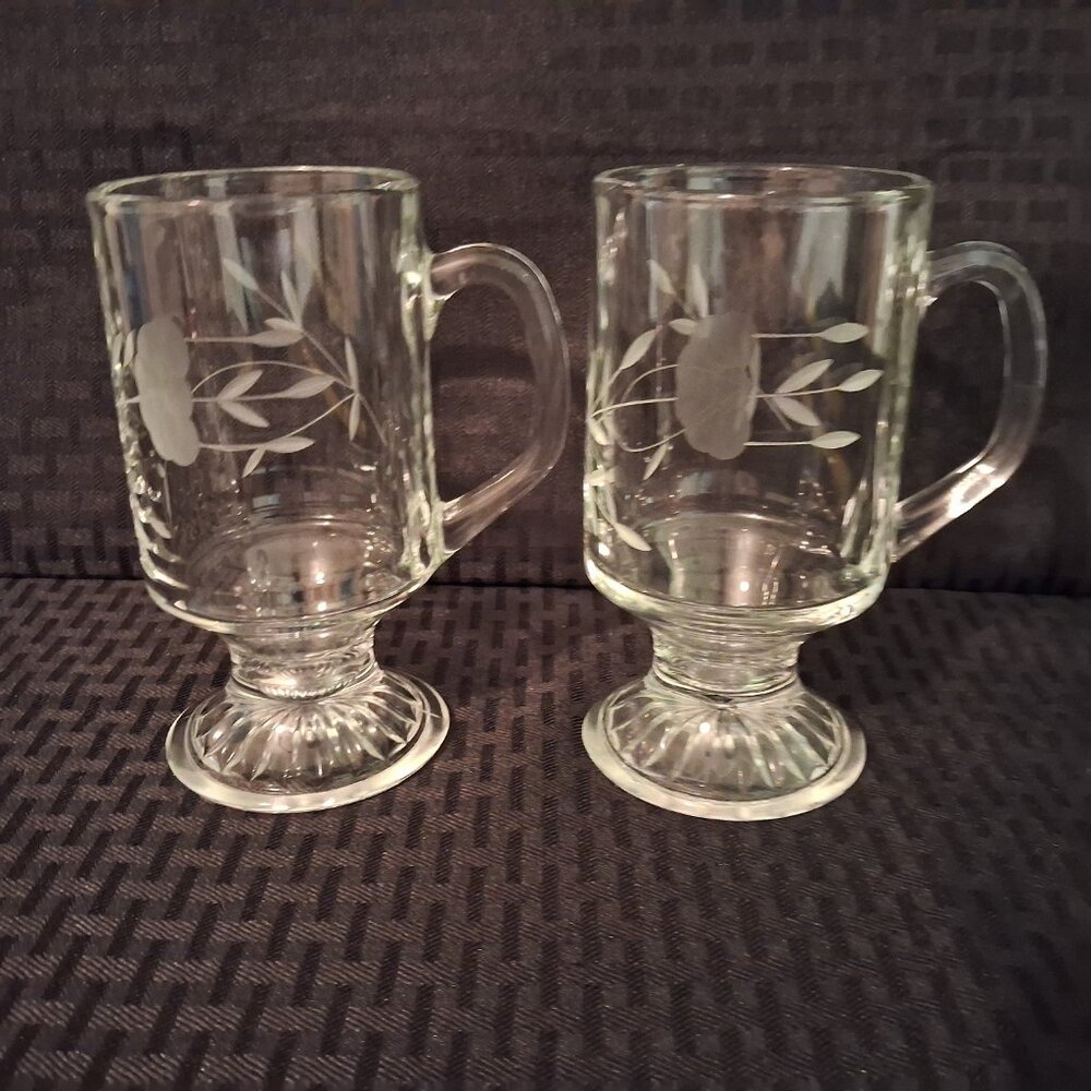 2 Princess House Heritage Irish Mug Set 5 1/2" Floral Etched Footed Coffee Cups
